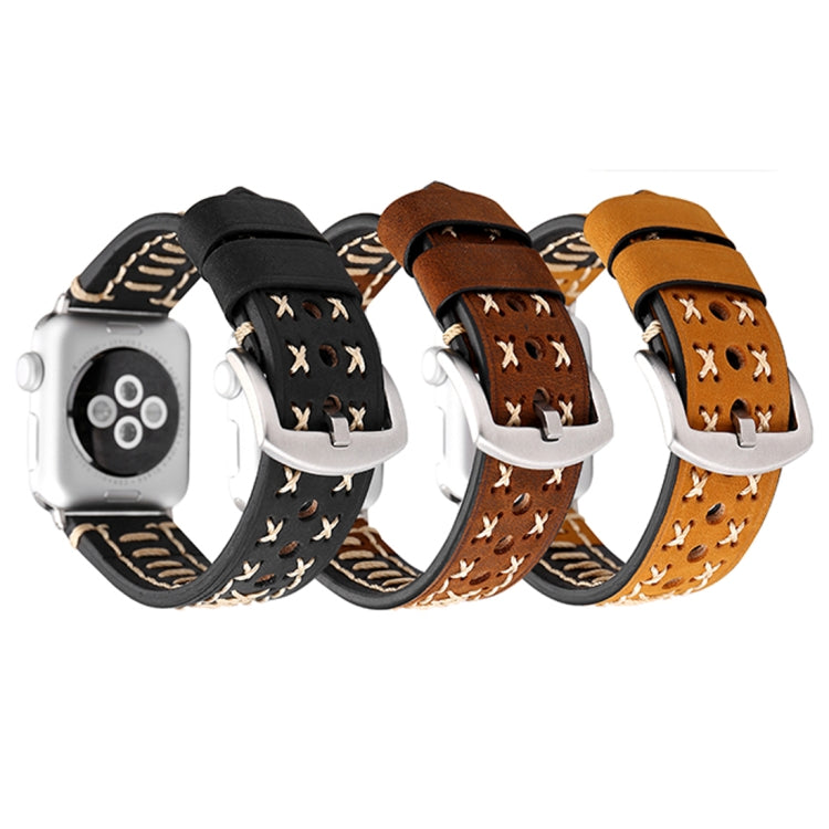 For Apple Watch Series 10 42mm / 9&8&7 41mm / SE 3&SE 2&6&SE&5&4 40mm / 3&2&1 38mm Manual Line Pattern Genuine Leather Wrist Watch Band(Coffee) by buy2fix