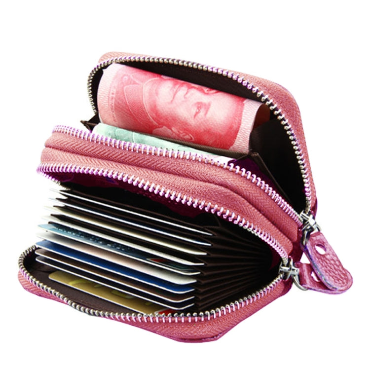 Genuine Leather Dual Layer Zipper Card Holder Wallet RFID Blocking Purse, Size: 10.5x7.0x4.0cm(Pink) - Antimagnetic RFID Package by buy2fix | Online Shopping UK | buy2fix