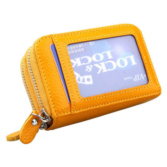 Genuine Leather Dual Layer Zipper Card Holder Wallet RFID Blocking Purse, Size: 10.5x7.0x4.0cm(Yellow) by buy2fix