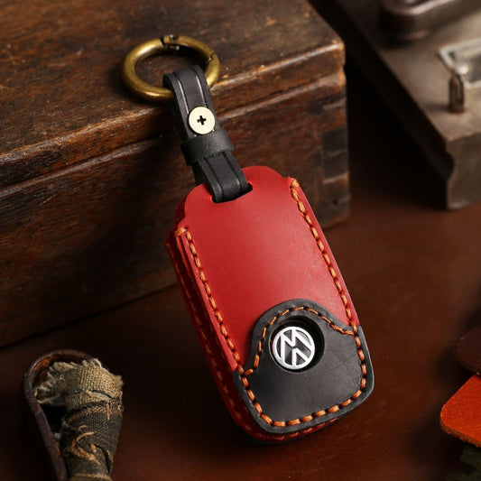 For Volkswagen Car Cowhide Leather Key Protective Cover Key Case, D Version(Red) by buy2fix