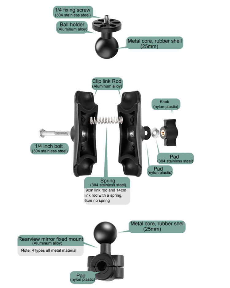 1/4 inch Screw 25mm Ball Head Motorcycle Fixed Mount Holder with Tripod Adapter & Screw for GoPro, Insta360, DJI and Other Action Cameras(Black) - Bicycle Handlebar Mount by buy2fix | Online Shopping UK | buy2fix