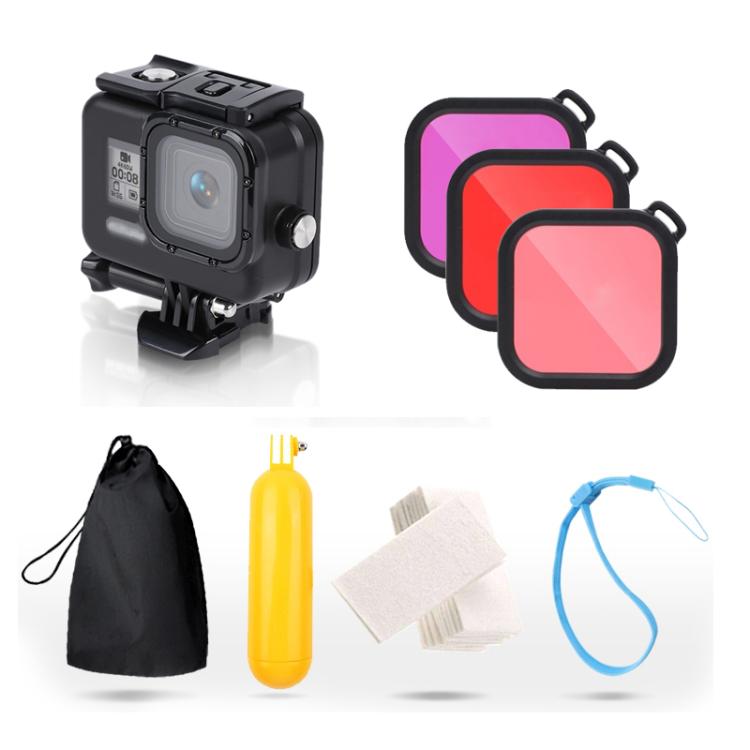 For GoPro HERO8 Black 45m Waterproof Housing Protective Case with Buckle Basic Mount & Screw & (Purple, Red, Pink) Filters & Floating Bobber Grip & Strap & Anti-Fog Inserts (Black) - Waterproof Cases by buy2fix | Online Shopping UK | buy2fix