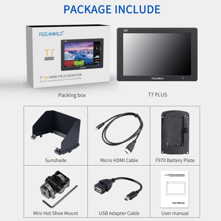 FEELWORLD T7 PLUS 7 inch 3D LUT DSLR Camera Field Monitor with Waveform 4K HDMI Aluminum Housing (Black) by FEELWORLD