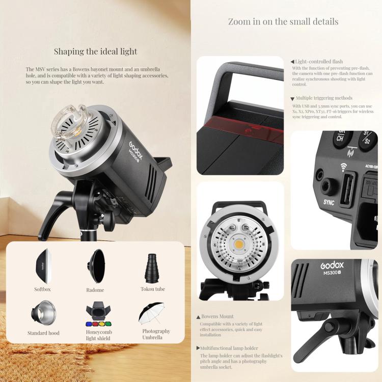 Godox MS200-V Studio Flash Light 200Ws Bowens Mount Strobe Light with Lamp Cover (EU Plug) - Shoe Mount Flashes by Godox | Online Shopping UK | buy2fix