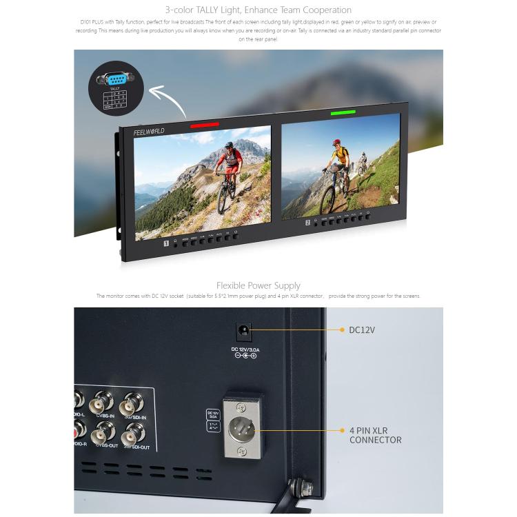 FEELWORLD D101 PLUS Dual 10.1 inch 4RU Rackmount Monitor 4K HDMI SDI 1920 x 1200 IPS Monitor (EU Plug) - On-camera Monitors by FEELWORLD | Online Shopping UK | buy2fix