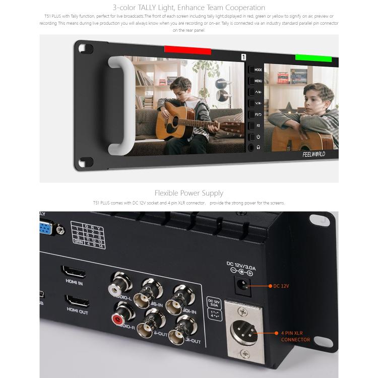 FEELWORLD T51 PLUS Triple 5.5 inch 2RU Rackmount Monitor Full HD 3G-SDI 4KHDMI AV Monitor (EU Plug) - On-camera Monitors by FEELWORLD | Online Shopping UK | buy2fix