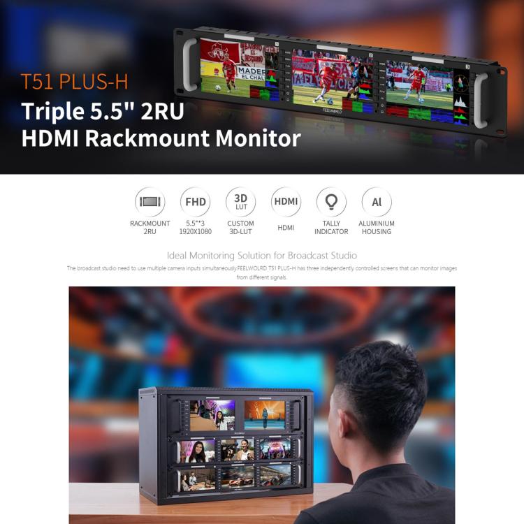 FEELWORLD T51 PLUS-H Triple 5.5 inch 2RU Rackmount Monitor Full HD 4K HDMI SDI AV Monitor (EU Plug) - On-camera Monitors by FEELWORLD | Online Shopping UK | buy2fix