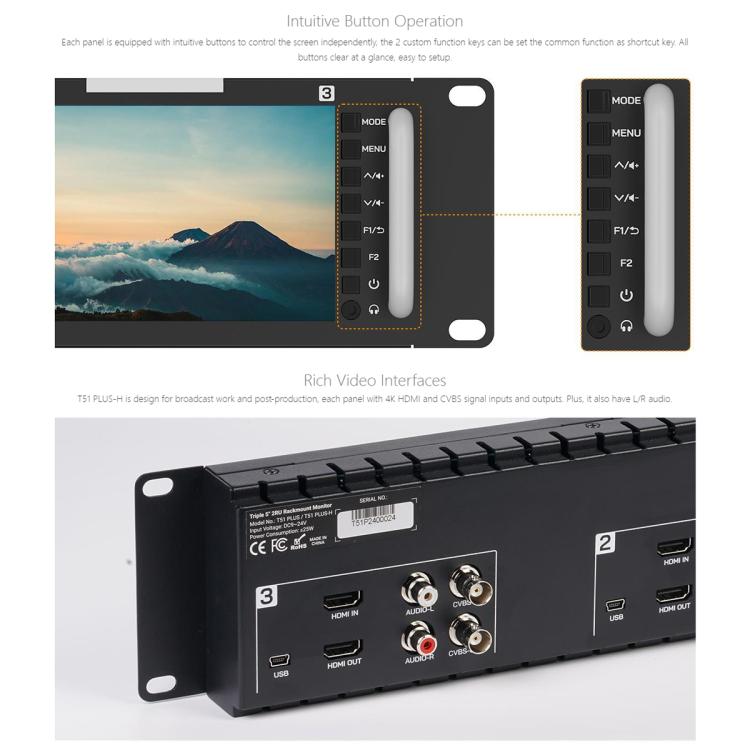 FEELWORLD T51 PLUS-H Triple 5.5 inch 2RU Rackmount Monitor Full HD 4K HDMI SDI AV Monitor (EU Plug) - On-camera Monitors by FEELWORLD | Online Shopping UK | buy2fix