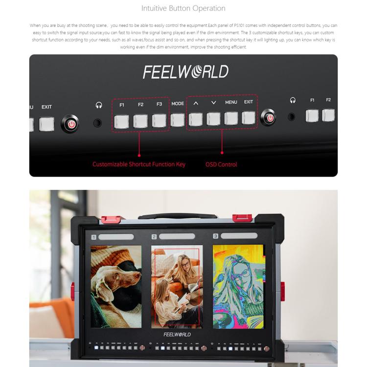 FEELWORLD PS101 Triple 10.1-inch Vertical Dispaly Carry-on Monitor High Brightness 1000nit Portable Protective Case (EU Plug) - On-camera Monitors by FEELWORLD | Online Shopping UK | buy2fix