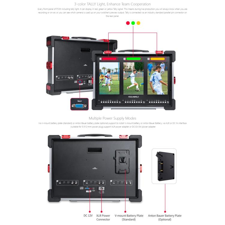 FEELWORLD PS101 Triple 10.1-inch Vertical Dispaly Carry-on Monitor High Brightness 1000nit Portable Protective Case (EU Plug) - On-camera Monitors by FEELWORLD | Online Shopping UK | buy2fix