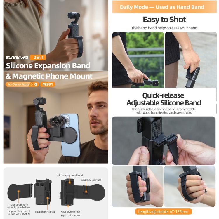 For DJI Osmo Pocket 3 Sunnylife Hand Band Magnetic Expansion Adapter Phone Teleprompter Holder Mount Extension Handle (Black) - Mount & Holder by Sunnylife | Online Shopping UK | buy2fix