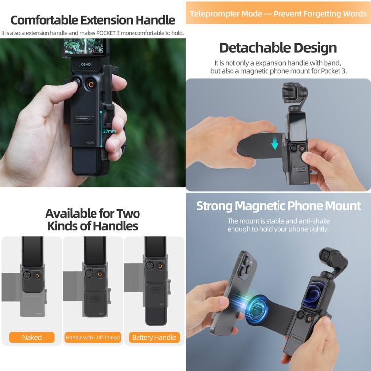 For DJI Osmo Pocket 3 Sunnylife Hand Band Magnetic Expansion Adapter Phone Teleprompter Holder Mount Extension Handle (Black) - Mount & Holder by Sunnylife | Online Shopping UK | buy2fix