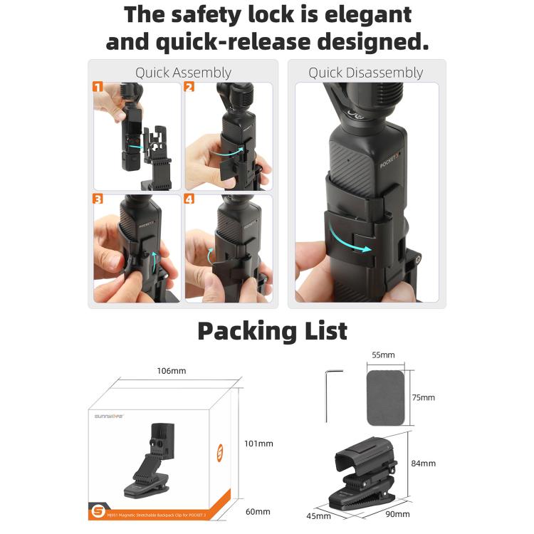 For DJI Osmo Pocket 3 Sunnylife Stretchable Backpack Clip Rotatable Magnetic Mount Action Camera Holder Vlog Mount (Black) - Mount & Holder by buy2fix | Online Shopping UK | buy2fix