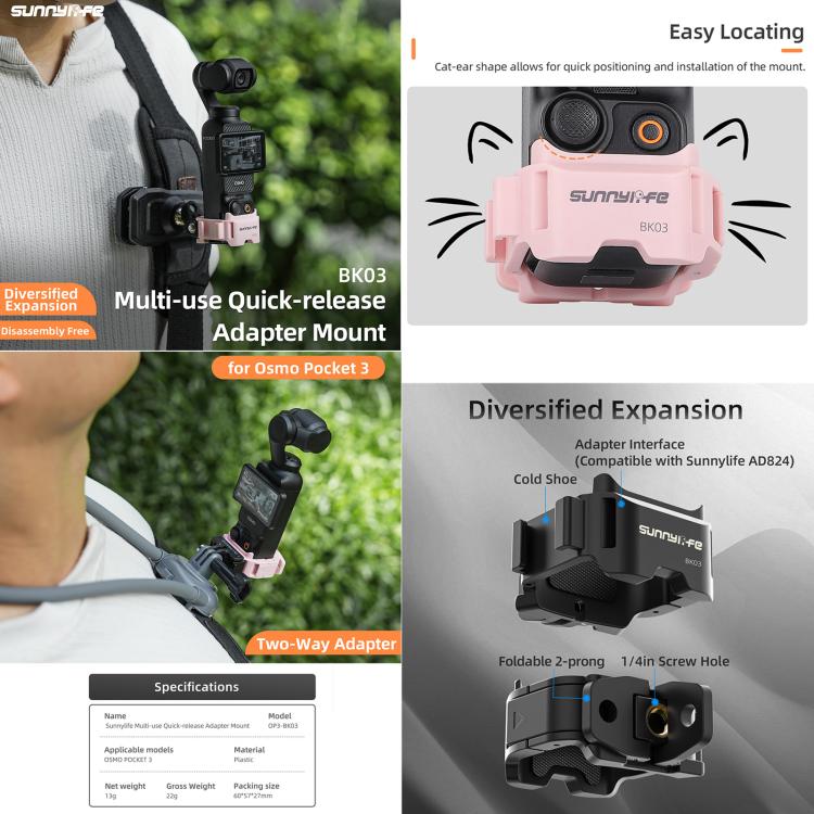 For DJI OSMO Pocket 3 Sunnylife Quick Release Adapter Mount Frame Two-Way Adapter Expansion Selfie Stick Tripod Adapter (Black) - Mount & Holder by Sunnylife | Online Shopping UK | buy2fix