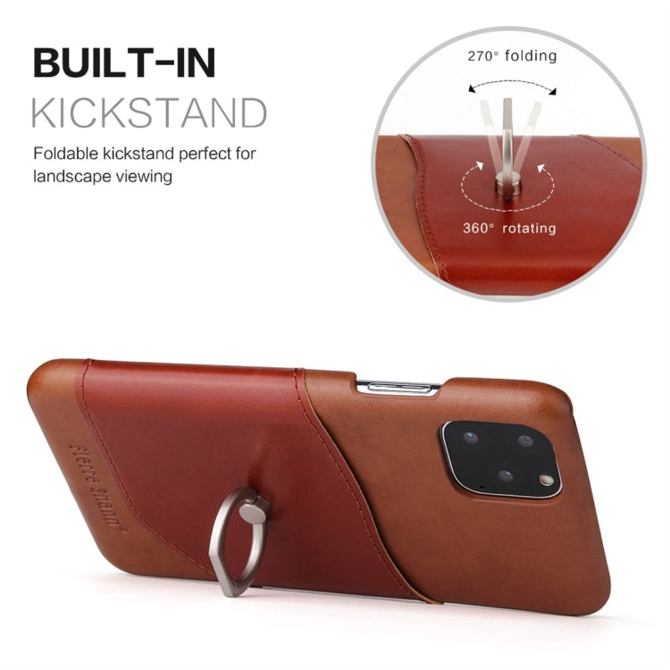 For iPhone 11 Pro Max Fierre Shann Oil Wax Texture Genuine Leather Back Cover Case with 360 Degree Rotation Holder & Card Slot (Brown) - iPhone 11 Pro Max Cases by FIERRE SHANN | Online Shopping UK | buy2fix