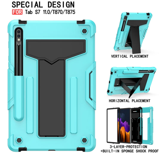 For Samsung Galaxy Tab S8 / Galaxy Tab S7 T870 / T875 T-shaped Bracket Contrast Color Shockproof PC + Silicone Protective Case(Mint Green+Black) by buy2fix