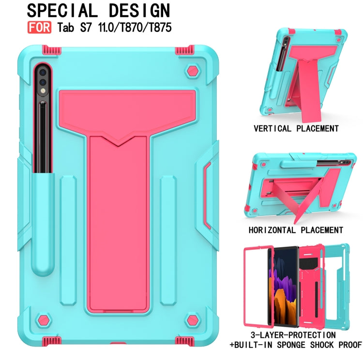 For Samsung Galaxy Tab S8 / Galaxy Tab S7 T870 / T875 T-shaped Bracket Contrast Color Shockproof PC + Silicone Protective Case(Mint Green+Rose Red) - Galaxy Tab S8 Cases by buy2fix | Online Shopping UK | buy2fix