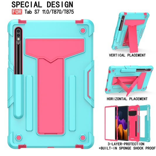 For Samsung Galaxy Tab S8 / Galaxy Tab S7 T870 / T875 T-shaped Bracket Contrast Color Shockproof PC + Silicone Protective Case(Mint Green+Rose Red) by buy2fix