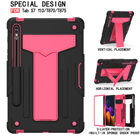 For Samsung Galaxy Tab S8 / Galaxy Tab S7 T870 / T875 T-shaped Bracket Contrast Color Shockproof PC + Silicone Protective Case(Black+Rose Red) by buy2fix