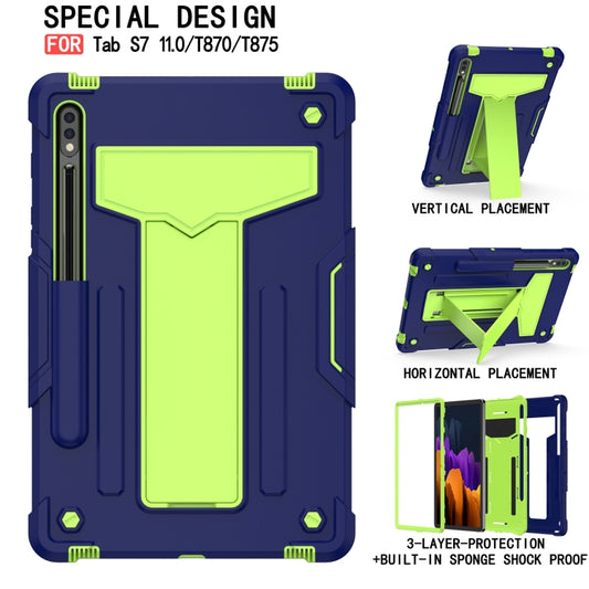For Samsung Galaxy Tab S8 / Galaxy Tab S7 T870 / T875 T-shaped Bracket Contrast Color Shockproof PC + Silicone Protective Case(Navy+Green) by buy2fix