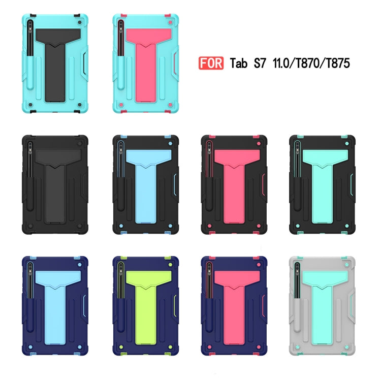 For Samsung Galaxy Tab S8 / Galaxy Tab S7 T870 / T875 T-shaped Bracket Contrast Color Shockproof PC + Silicone Protective Case(Grey+Mint Green) by buy2fix