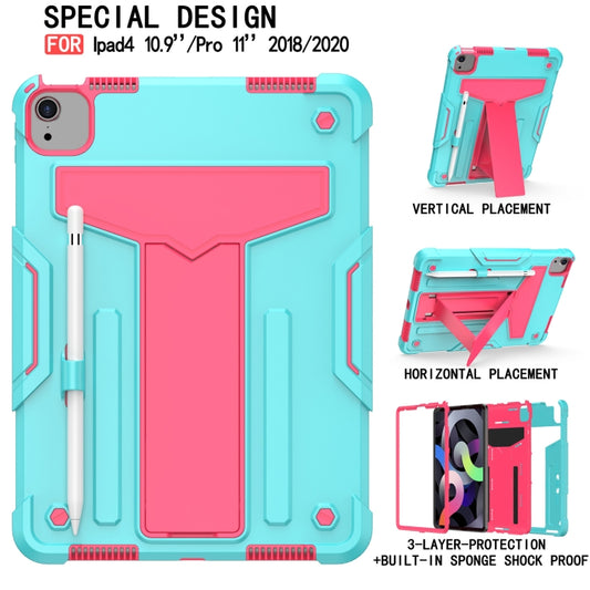 For iPad Air 2022 / 2020 10.9 / iPad Pro 11 T-shaped Bracket Contrast Color Shockproof PC + Silicone Protective Case(Mint Green+Rose Red) - iPad Air (2022) / (2020) 10.9 Cases by buy2fix | Online Shopping UK | buy2fix