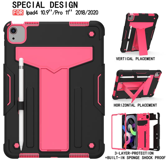 For iPad Air 2022 / 2020 10.9 / iPad Pro 11 T-shaped Bracket Contrast Color Shockproof PC + Silicone Protective Case(Black+Rose Red) - iPad Air (2022) / (2020) 10.9 Cases by buy2fix | Online Shopping UK | buy2fix