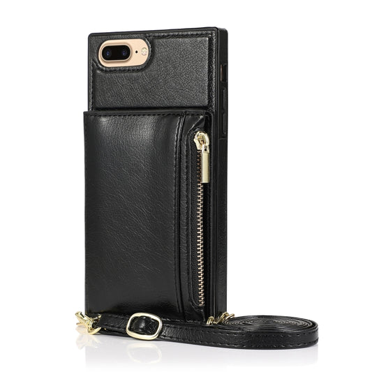 Square Zipper Wallet Bag TPU+PU Back Cover Case with Holder & Card Slots & Wallet & Cross-body Strap For iPhone 8 Plus / 7 Plus(Black) - More iPhone Cases by buy2fix | Online Shopping UK | buy2fix