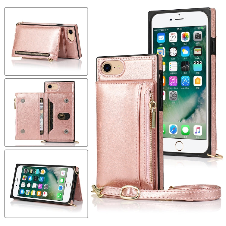 For iPhone SE 2022 / SE 2020 / 8 / 7 Square Zipper Wallet Bag TPU+PU Back Cover Case with Holder & Card Slots & Wallet & Cross-body Strap(Rose Glod) - iPhone SE 2022 / 2020 / 8 / 7 Cases by buy2fix | Online Shopping UK | buy2fix