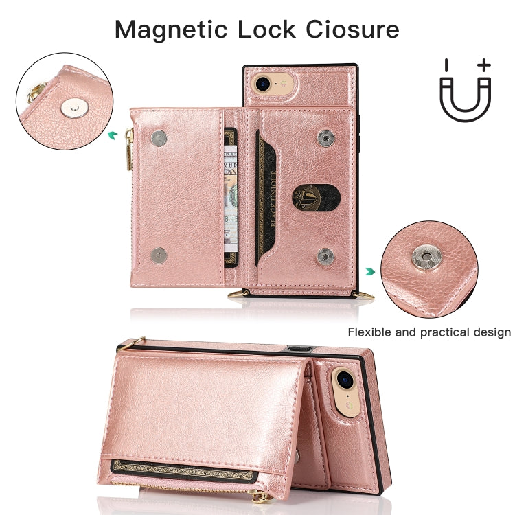 For iPhone SE 2022 / SE 2020 / 8 / 7 Square Zipper Wallet Bag TPU+PU Back Cover Case with Holder & Card Slots & Wallet & Cross-body Strap(Rose Glod) - iPhone SE 2022 / 2020 / 8 / 7 Cases by buy2fix | Online Shopping UK | buy2fix