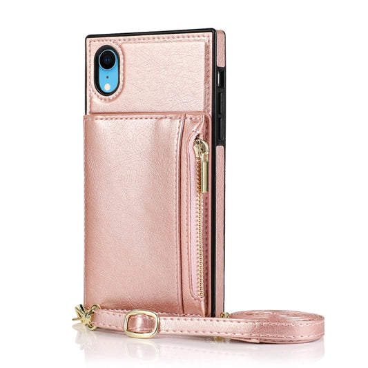 For iPhone XR Square Zipper Wallet Bag TPU+PU Back Cover Case with Holder & Card Slots & Wallet & Cross-body Strap(Rose Glod) - More iPhone Cases by buy2fix | Online Shopping UK | buy2fix