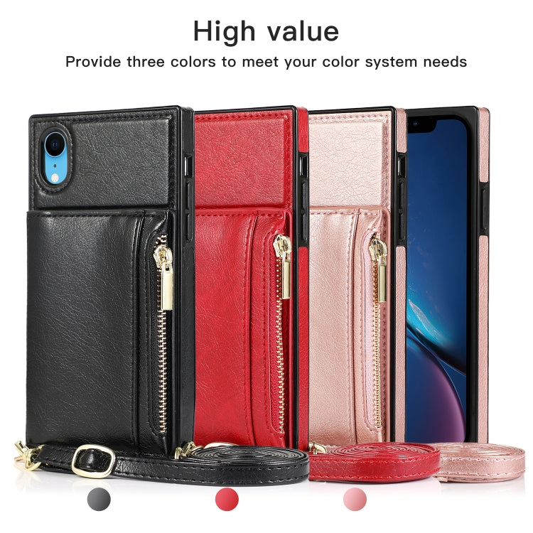 For iPhone XR Square Zipper Wallet Bag TPU+PU Back Cover Case with Holder & Card Slots & Wallet & Cross-body Strap(Rose Glod) - More iPhone Cases by buy2fix | Online Shopping UK | buy2fix