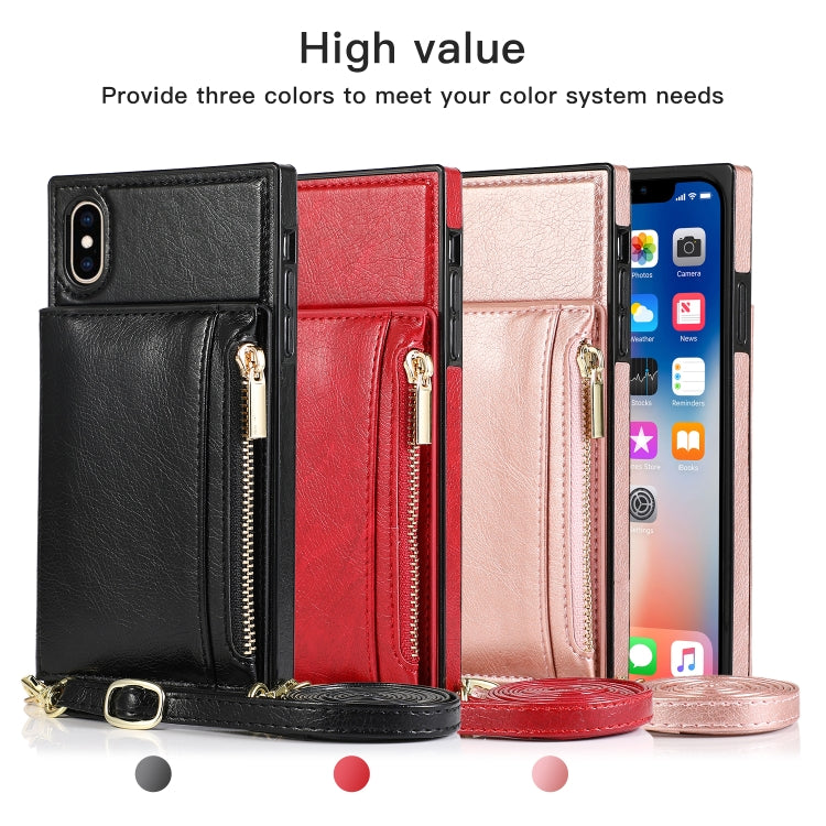 For iPhone X / XS Square Zipper Wallet Bag TPU+PU Back Cover Case with Holder & Card Slots & Wallet & Cross-body Strap(Rose Glod) - More iPhone Cases by buy2fix | Online Shopping UK | buy2fix
