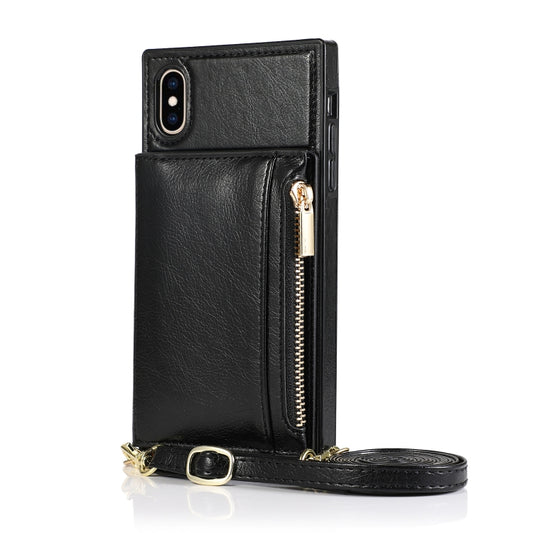 For iPhone X / XS Square Zipper Wallet Bag TPU+PU Back Cover Case with Holder & Card Slots & Wallet & Cross-body Strap(Black) - More iPhone Cases by buy2fix | Online Shopping UK | buy2fix