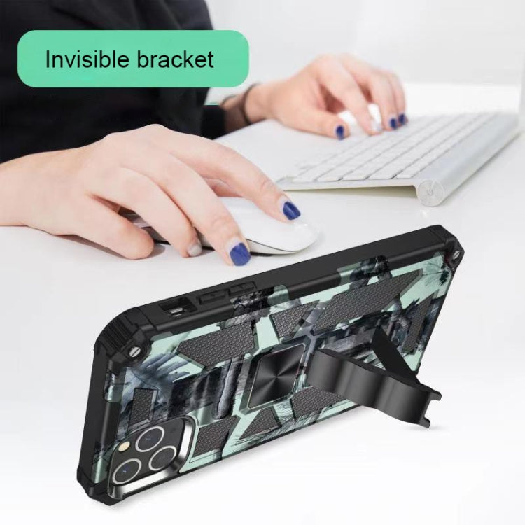 For iPhone 12 / 12 Pro Camouflage Armor Shockproof TPU + PC Magnetic Protective Case with Holder(Mint Green) by buy2fix