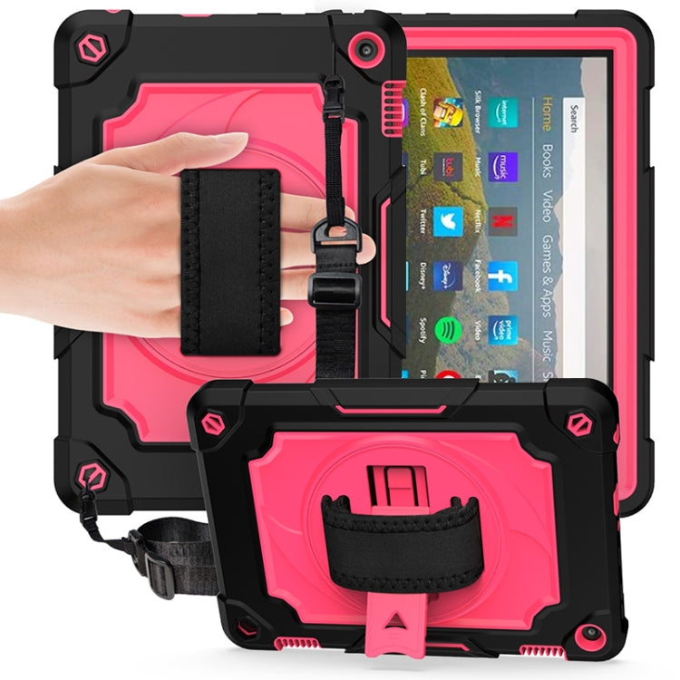 For Amazon Kindle Fire HD 8 2020 360 Degree Rotation Turntable Contrast Color Robot Shockproof Silicone + PC Protective Case with Holder(Black + Rose Red) - Amazon by buy2fix | Online Shopping UK | buy2fix