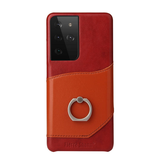 For Samsung Galaxy S21 5G Fierre Shann Oil Wax Texture Genuine Leather Back Cover Case with 360 Degree Rotation Holder & Card Slot(Red) - Galaxy S21 5G Cases by FIERRE SHANN | Online Shopping UK | buy2fix