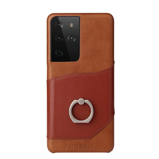 For Samsung Galaxy S21 Ultra 5G Fierre Shann Oil Wax Texture Genuine Leather Back Cover Case with 360 Degree Rotation Holder & Card Slot(Brown) - Galaxy S21 Ultra 5G Cases by FIERRE SHANN | Online Shopping UK | buy2fix