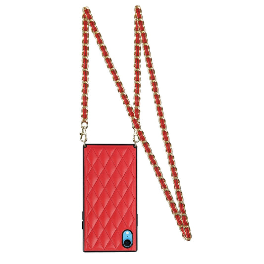 For iPhone XR Elegant Rhombic Pattern Microfiber Leather +TPU Shockproof Case with Crossbody Strap Chain(Red) - More iPhone Cases by buy2fix | Online Shopping UK | buy2fix