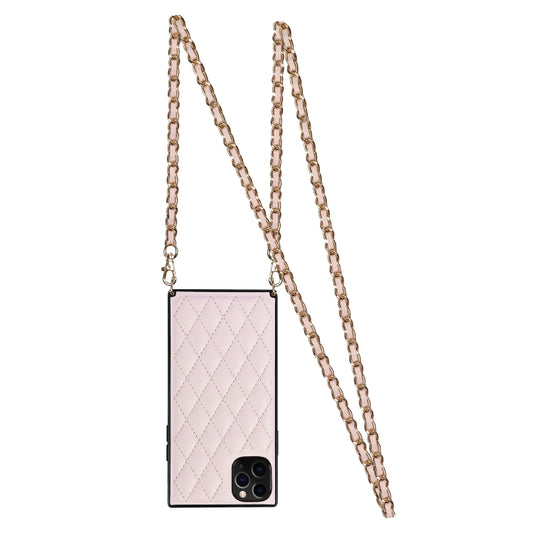 For iPhone 11 Pro Elegant Rhombic Pattern Microfiber Leather +TPU Shockproof Case with Crossbody Strap Chain (Pink) - iPhone 11 Pro Cases by buy2fix | Online Shopping UK | buy2fix