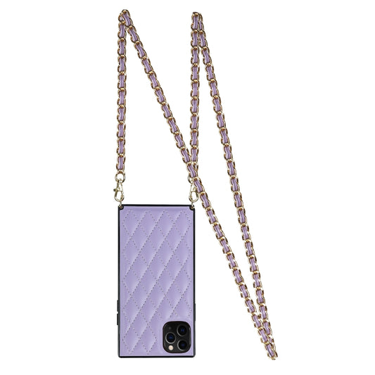 For iPhone 11 Pro Max Elegant Rhombic Pattern Microfiber Leather +TPU Shockproof Case with Crossbody Strap Chain (Purple) - iPhone 11 Pro Max Cases by buy2fix | Online Shopping UK | buy2fix
