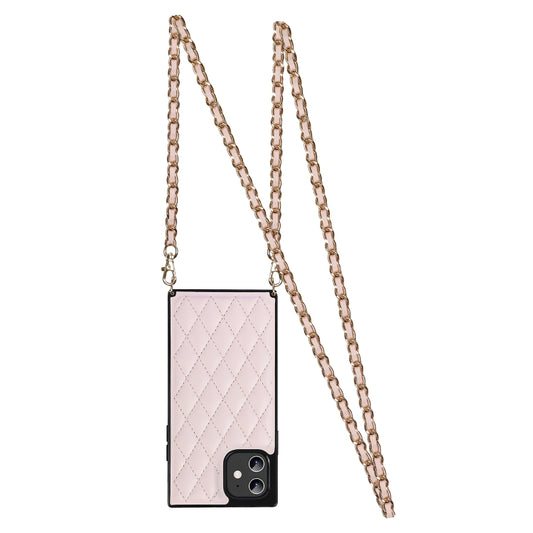 For iPhone 12 mini Elegant Rhombic Pattern Microfiber Leather +TPU Shockproof Case with Crossbody Strap Chain (Pink) - iPhone 12 mini Cases by buy2fix | Online Shopping UK | buy2fix
