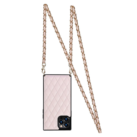 For iPhone 12 / 12 Pro Elegant Rhombic Pattern Microfiber Leather +TPU Shockproof Case with Crossbody Strap Chain(Pink) - iPhone 12 / 12 Pro Cases by buy2fix | Online Shopping UK | buy2fix