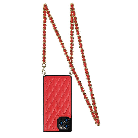 For iPhone 12 / 12 Pro Elegant Rhombic Pattern Microfiber Leather +TPU Shockproof Case with Crossbody Strap Chain(Red) - iPhone 12 / 12 Pro Cases by buy2fix | Online Shopping UK | buy2fix
