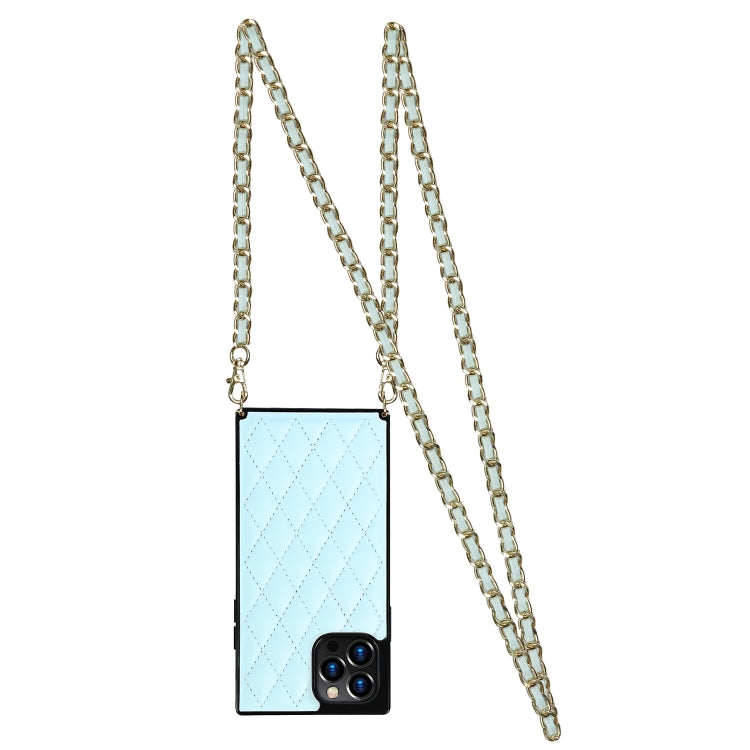 For iPhone 12 / 12 Pro Elegant Rhombic Pattern Microfiber Leather +TPU Shockproof Case with Crossbody Strap Chain(Blue) - iPhone 12 / 12 Pro Cases by buy2fix | Online Shopping UK | buy2fix