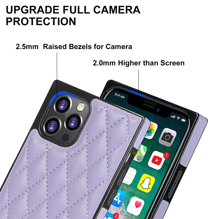 For iPhone 12 / 12 Pro Elegant Rhombic Pattern Microfiber Leather +TPU Shockproof Case with Crossbody Strap Chain(Purple) - iPhone 12 / 12 Pro Cases by buy2fix | Online Shopping UK | buy2fix