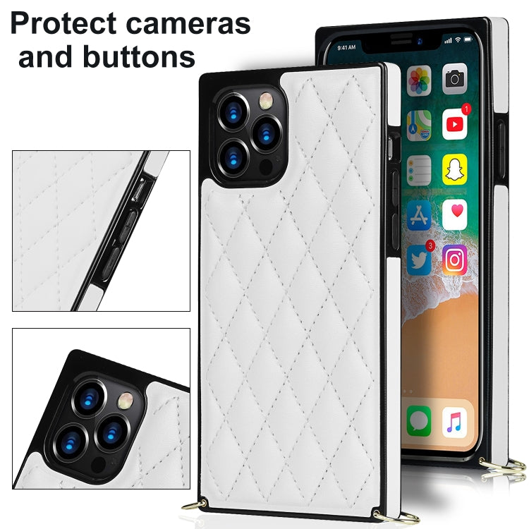 For iPhone 12 Pro Max Elegant Rhombic Pattern Microfiber Leather +TPU Shockproof Case with Crossbody Strap Chain(White) - iPhone 12 Pro Max Cases by buy2fix | Online Shopping UK | buy2fix