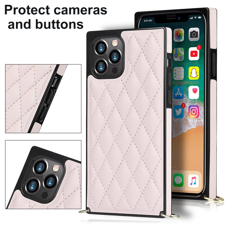 For iPhone 12 Pro Max Elegant Rhombic Pattern Microfiber Leather +TPU Shockproof Case with Crossbody Strap Chain(Pink) - iPhone 12 Pro Max Cases by buy2fix | Online Shopping UK | buy2fix