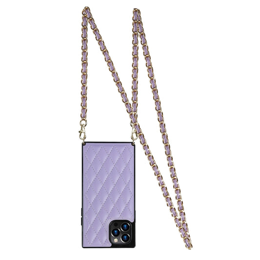 For iPhone 12 Pro Max Elegant Rhombic Pattern Microfiber Leather +TPU Shockproof Case with Crossbody Strap Chain(Purple) - iPhone 12 Pro Max Cases by buy2fix | Online Shopping UK | buy2fix