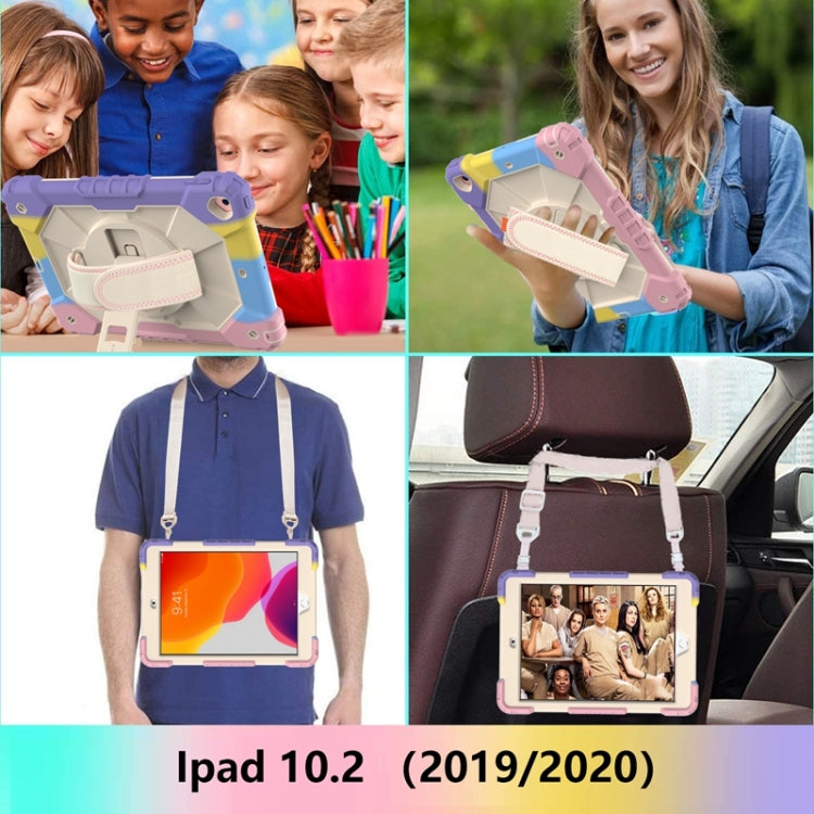 For iPad 10.2 2021 / 2020 / 2019 Contrast Color Robot Shockproof Silicon + PC Protective Case with Holder & Shoulder Strap(Colorful Purple Beige) - iPad 10.2 Cases by buy2fix | Online Shopping UK | buy2fix